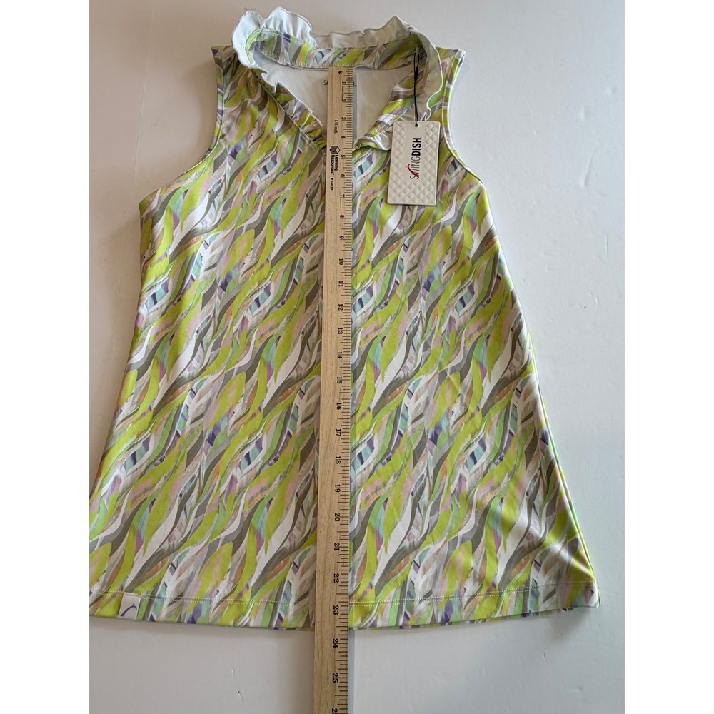 SwingDish Womens Sleeveless Golf Polo Top Ruffle V-Neck Lime Green Abstract S - Picture 5 of 7